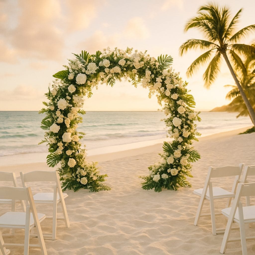Beach wedding ceremony in Fiji at golden hour